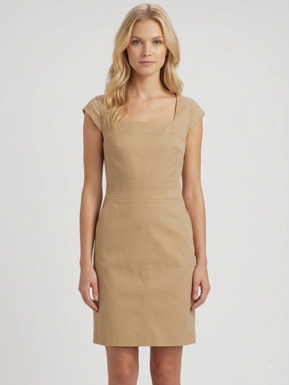 Tory Burch Tan Square Neck Cap Sleeve Sheath Dress Pockets Size 8